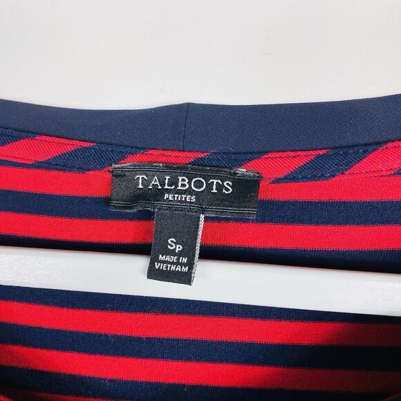 Talbots Size Small Petite Striped Tie Neck Tee Top Red Navy Blue - Picture 3 of 4